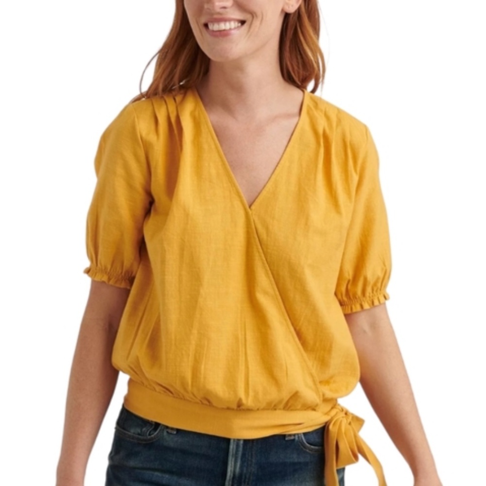 Lucky Brand Yellow Gold Cotton Puff Sleeve Wrap Front Side Tie Blouse M NWT